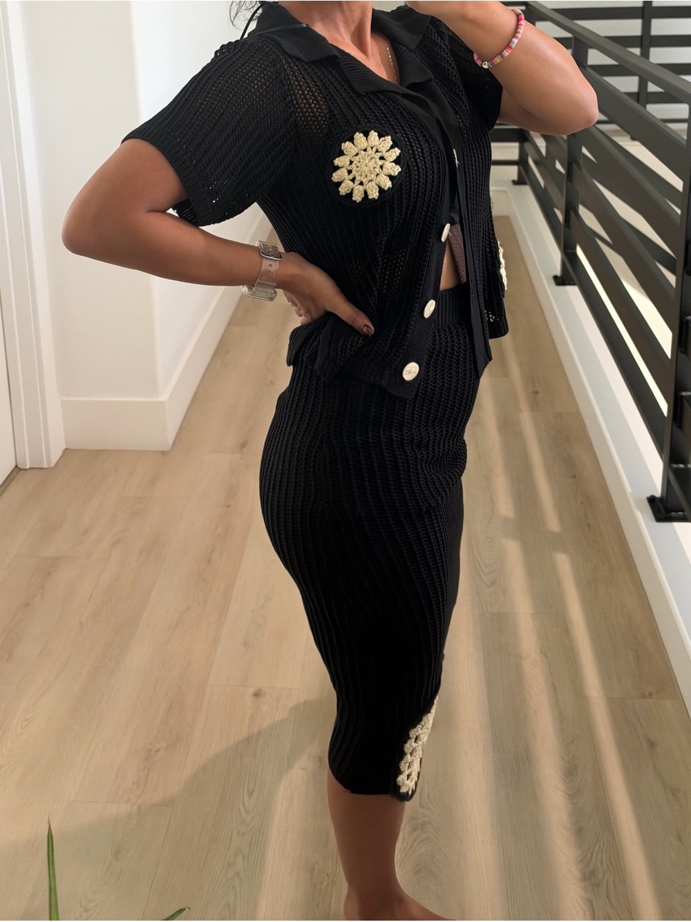 Black Knit Midi Skirt with Ivory Floral Appliqué